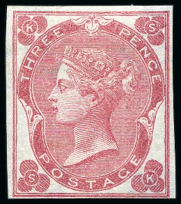 Stamp of Great Britain » 1855-1900 Surface Printed » 1862-64 Small Uncoloured Corner Letters 1862-64 3d Deep Carmine Rose imperforate imprimatur, mint hr
