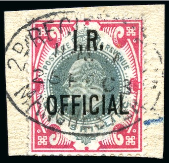 Stamp of Great Britain » Officials INLAND REVENUE: 1902 1s green & carmine I.R. OFFICIAL tied to a small piece 