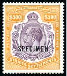 Stamp of Malaysia » Straits Settlements 1912-23 $500 Purple and Orange-Brown, wmk MCA, with "SPECIMEN" overprint