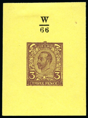 Stamp of Great Britain » King George V » 1911-12 Downey Head Issues 1910 3d Hentschel colour essay in purple-brown on yellow wove paper