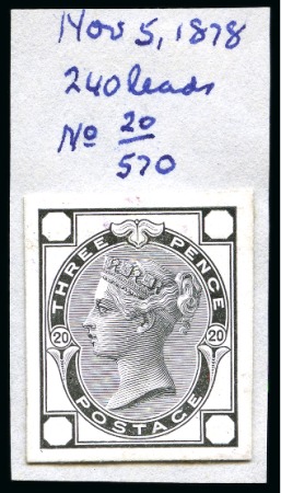 Stamp of Great Britain » 1855-1900 Surface Printed » 1873-80 Large Coloured Corner Letters 1873-80 3d De La Rue die proof