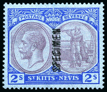Stamp of St. Kitts-Nevis 1921-29 Wmk Script 2s purple and blue on blue with "SPECIMEN" DOUBLE OVERPRINT error