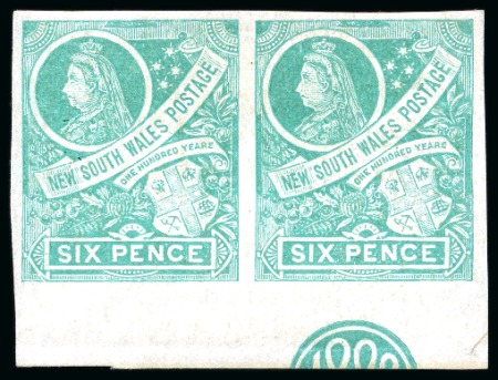 Stamp of Australia » New South Wales 1899 6d Emerald-Green, chalk-surfaced paper, wmk 40, IMPERFORATE horizontal pair