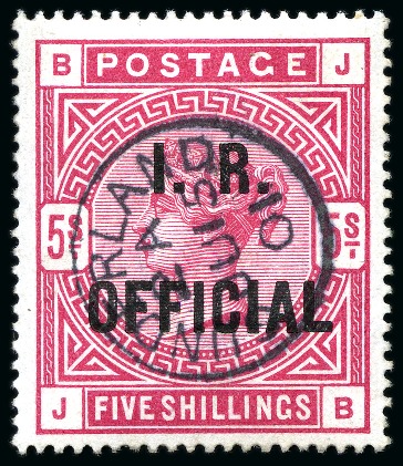 Stamp of Great Britain » Officials INLAND REVENUE: 1890 5s Rose on white paper with "I. R. OFFICIAL" overprint with crisp and central Sunderland cds