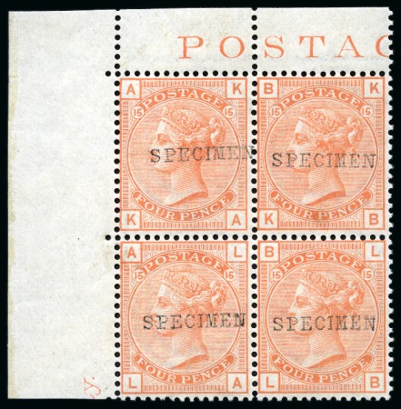 Stamp of Great Britain » 1855-1900 Surface Printed » 1873-80 Large Coloured Corner Letters 1876 4d Vermilion pl.15 AK/BL mint og corner marginal block of four with "SPECIMEN" type 9 overprint