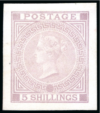 Stamp of Great Britain » 1855-1900 Surface Printed » 1867-83 High Values 1867-83 5s Die proof with void corners and plate number printed in pale lilac on matt card (31x 35mm)