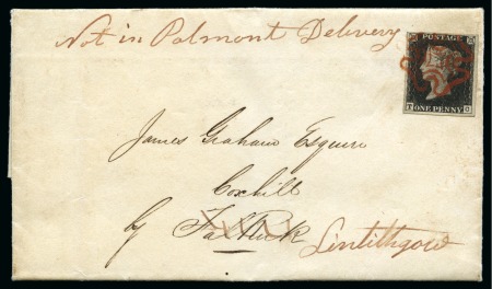 Stamp of Great Britain » 1840 1d Black and 1d Red plates 1a to 11 1840 (Jun 8) Entire from Airdrie to Falkirk with 1840 1d Black pl.1a TC, redirected with "Not in Palmont Delivery" ms