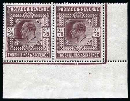 Stamp of Great Britain » King Edward VII » 1911-13 Somerset House Issues 1911-13 Somerset House 2s6d dark purple (O) mint nh corner marginal "date cut" horizontal pair