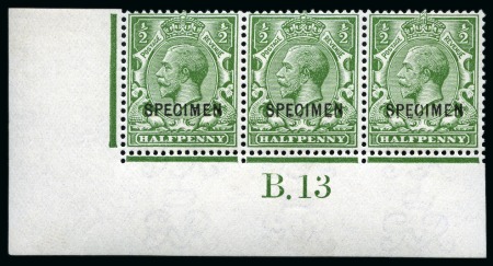 Stamp of Great Britain » King George V » 1912-24 Profile Head Issues 1912-24 1/2d Green with "SPECIMEN" type 26 in mint corner marginal "B.13" control strip of three