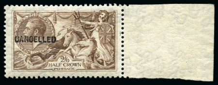 Stamp of Great Britain » King George V » 1913-19 Seahorse Issues 1921 Experimental Printing 2s6d olive brown with "CANCELLED" type 24 overprint
