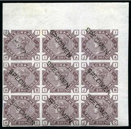 Stamp of Great Britain » Telegraphs 1877 3s pl.1 Imperforate colour trial in brown-lilac with "SPECIMEN" type 8 overprint in mint top right hand corner marginal block of nine