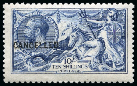 Stamp of Great Britain » King George V » 1913-19 Seahorse Issues 1915 De La Rue 10s blue Seahorse with "CANCELLED" type 24 overprint mint nh