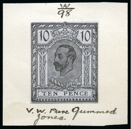 Stamp of Great Britain » King George V » 1911-12 Downey Head Issues 1910 10d Hentschel colour essay in black on greyish paper affixed to thin card