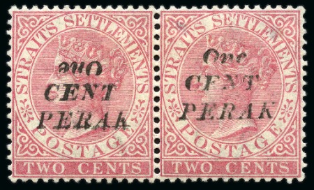 Stamp of Malaysia » Malaysian States » Perak 1886 1c on 2c pale rose, type 26 surcharge, with ERROR "One" INVERTED in mint og pair with normal