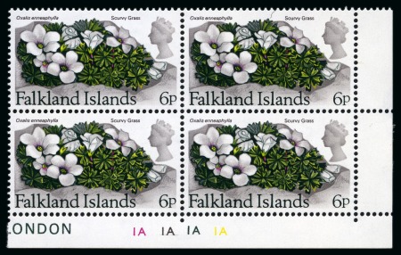 Stamp of Falkland Islands 1974 6p Scurvy Grass with variety WATERMARK CROWN TO RIGHT OF CA (from back) in mint nh corner block of 4