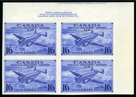 Stamp of Canada SPECIAL DELIVERY: 1942-43 War Effort 16c ultramarine airmail IMPERFORATE UPPER RIGHT CORNER MARGINAL BLOCK OF FOUR