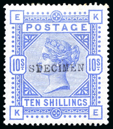 Stamp of Great Britain » 1855-1900 Surface Printed » 1883-84 & 1888 High Values 1883-84 10s Cobalt on white paper with "SPECIMEN" type 9 overprint