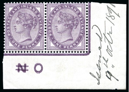 Stamp of Great Britain » 1855-1900 Surface Printed » 1880-81 Provisional Issue and 1881 1d Lilac 1881 1d Lilac die II lower right hand corner marginal control pair showing "O over N"