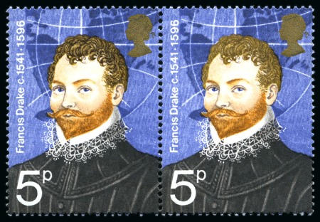 Stamp of Great Britain » Queen Elizabeth II 1973 British Explorers 5p Francis Drake with SEPIA OMITTED (Francis Drakes hair)