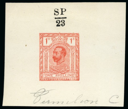 Stamp of Great Britain » King George V » 1911-12 Downey Head Issues 1910 1s Hentschel colour essay in vermilion on white wove paper