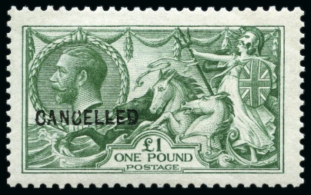 Stamp of Great Britain » King George V » 1913-19 Seahorse Issues 1913 Waterlow £1 dull blue green mint nh with "CANCELLED" type 24 overprint
