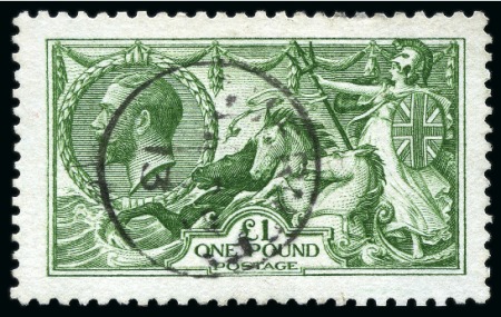 Stamp of Great Britain » King George V » 1913-19 Seahorse Issues 1913 Waterlow £1 green Seahorse used with 1913 Guernsey cds