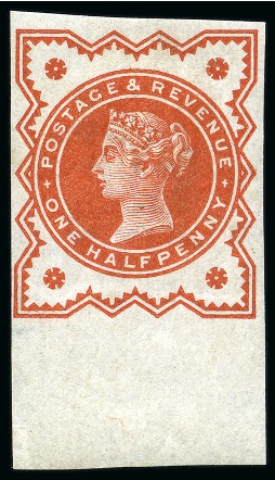 Stamp of Great Britain » 1855-1900 Surface Printed » 1887-1900 Jubilee Issue & 1891 £1 Green 1887 Jubilee 1/2d vermilion imperforate bottom marginal example