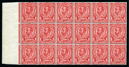 Stamp of Great Britain » King George V » 1911-12 Downey Head Issues 1912 Wmk Crown 1d bright scarlet mint nh block of eighteen with stamps showing "No cross on crown" varieties