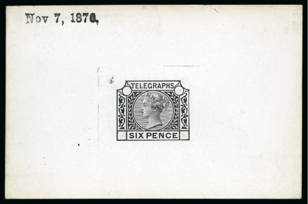 Stamp of Great Britain » Telegraphs 1877 6d Telegraph De La Rue die proof in black on white glazed card