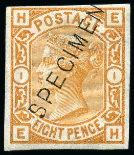 Stamp of Great Britain » 1855-1900 Surface Printed » 1873-80 Large Coloured Corner Letters 1873-80 8d Imperforate colour trial pl.1 in orange with "SPECIMEN" type 11 overprint