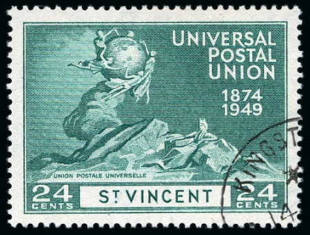 Stamp of St. Vincent 1949 UPU 24c blue-green with variety "C" of "CA" missing from watermark, used