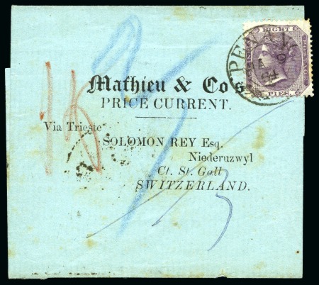 Stamp of Malaysia » Straits Settlements 1864 (Mar 9) Wrapper from Penang to Switzerland with India 1860 8p purple tied by "PENANG" cds