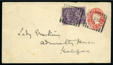 Stamp of Canada 1897 (Aug 11) 3c Postal stationery envelope additionally franked with 1897 Jubilee $2 deep violet