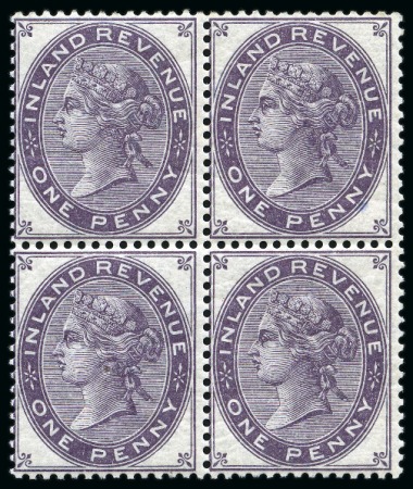 Stamp of Great Britain » Revenues 1881 1d Colour trial, die 4, in dull purple on white gummed wmk Orb paper in mint nh block of four