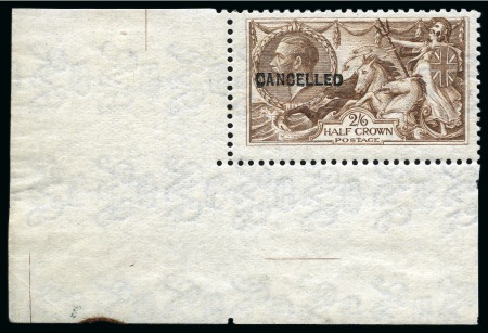 Stamp of Great Britain » King George V » 1913-19 Seahorse Issues 1921 Experimental Printing 2s6d olive brown with "CANCELLED" type 24 overprint