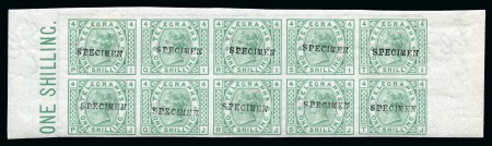 Stamp of Great Britain » Telegraphs 1876 1s Green pl.4 mint og imperforate top marginal block of ten with "SPECIMEN" type 9 overprint