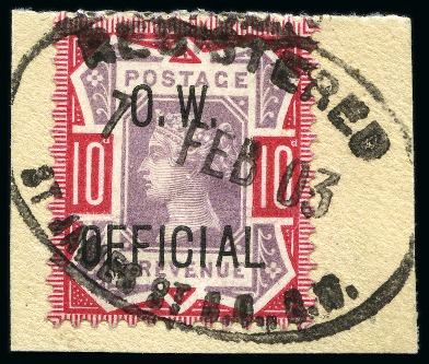 Stamp of Great Britain » Officials OFFICE OF WORKS: 1902 10d Dull purple & carmine O.W Official neatly tied to a small piece