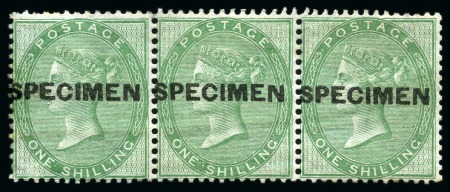 Stamp of Great Britain » 1855-1900 Surface Printed » 1855-57 No Corner Letters 1855-57 Wmk Emblems 1s Deep Green with "SPECIMEN" type 4 overprint in mint og strip of three