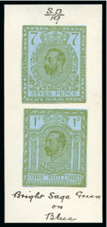 Stamp of Great Britain » King George V » 1911-12 Downey Head Issues 1910 7d & 1s Hentschel colour essays in bright sage green on blue unwatermarked paper