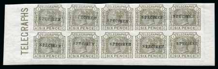 Stamp of Great Britain » Telegraphs 1877 6d Grey pl.1 AC/ED mint og imperforate bottom marginal block of ten with "SPECIMEN" type 9 overprint