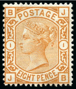 Stamp of Great Britain » 1855-1900 Surface Printed » 1873-80 Large Coloured Corner Letters 1873-80 8d Orange pl.1 JB mint nh