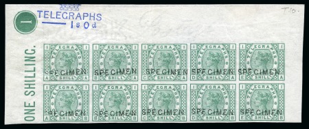 Stamp of Great Britain » Telegraphs 1877 1s Green Telegraphs pl.1 AA/EB imperforate top marginal block of ten with "SPECIMEN" type 10 overprint