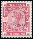 Stamp of Great Britain » 1855-1900 Surface Printed » 1867-83 High Values 1867-83 £5 Orange on white paper, 1883-84 2s6d, 5s & 10s on white paper and 1884 wmk Crowns £1 brown-lilac with "CANCELLED" type 14 overprints