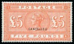 Stamp of Great Britain » 1855-1900 Surface Printed » 1867-83 High Values 1867-83 £5 Orange on white paper, 1883-84 2s6d, 5s & 10s on white paper and 1884 wmk Crowns £1 brown-lilac with "CANCELLED" type 14 overprints