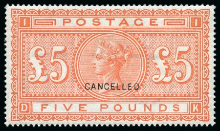 Stamp of Great Britain » 1855-1900 Surface Printed » 1867-83 High Values 1867-83 £5 Orange on white paper, 1883-84 2s6d, 5s & 10s on white paper and 1884 wmk Crowns £1 brown-lilac with "CANCELLED" type 14 overprints
