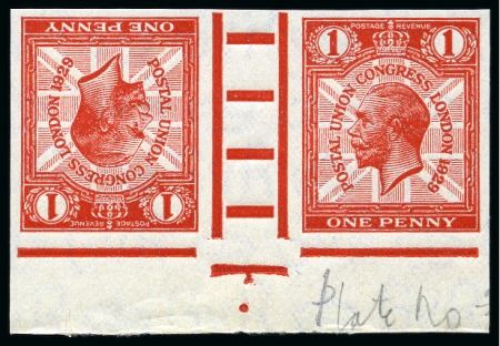 Stamp of Great Britain » King George V » 1924-36 Issues 1929 PUC 1d scarlet imperforate imprimatur lower marginal tête-bêche gutter pair