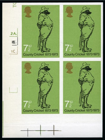 Stamp of Great Britain » Queen Elizabeth II 1973 County Cricket 7 1/2p imperforate imprimatur in mint nh lower left corner marginal "2A.,1B.,1C." cylinder block of four