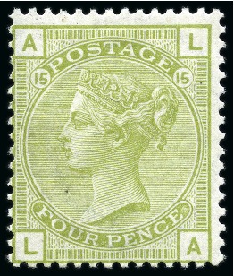 Stamp of Great Britain » 1855-1900 Surface Printed » 1873-80 Large Coloured Corner Letters 1873-80 4d Sage-Green pl.15 LA, mint og