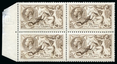 Stamp of Great Britain » King George V » 1913-19 Seahorse Issues 1915 De La Rue 2s6d grey-brown (worn plate) Seahorse in mint og left hand marginal block of four