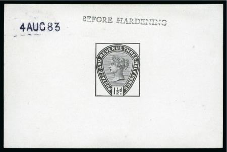 Stamp of Great Britain » 1855-1900 Surface Printed » 1883-84 Lilac & Green Issue 1883-84 Lilac & Green issue 1 1/2d De La Rue die proof in black on white glazed card